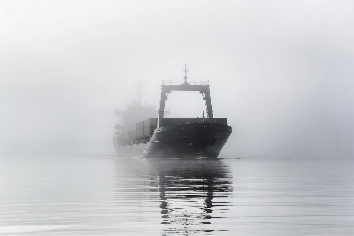 A cargo ship loaded with containers emerging from thick fog on calm water
