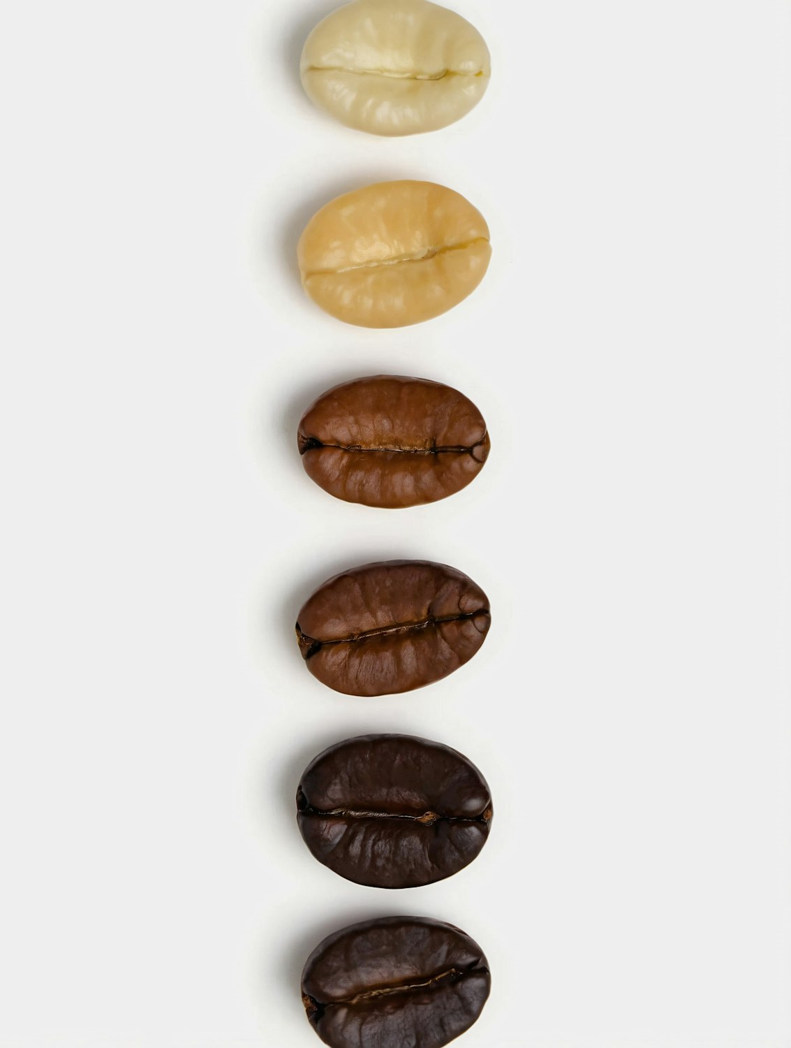 Six coffee beans in a row, shading from pale and unroasted to a deep, dark roast