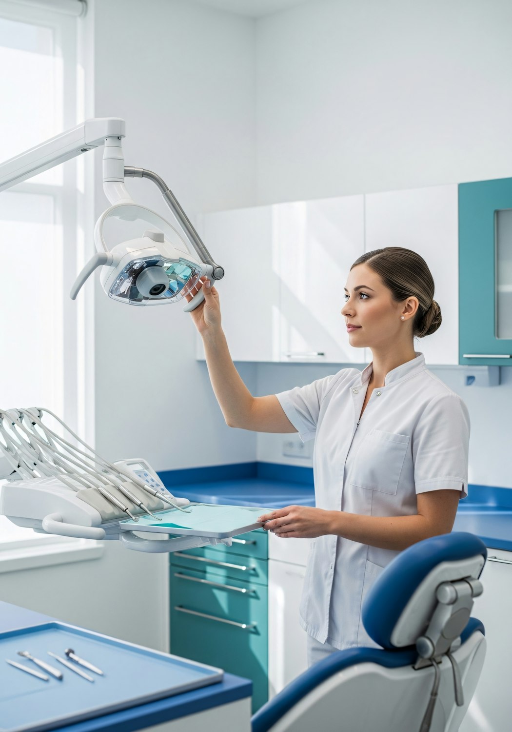 A dental professional adjusting the overhead light in a bright, modern treatment room