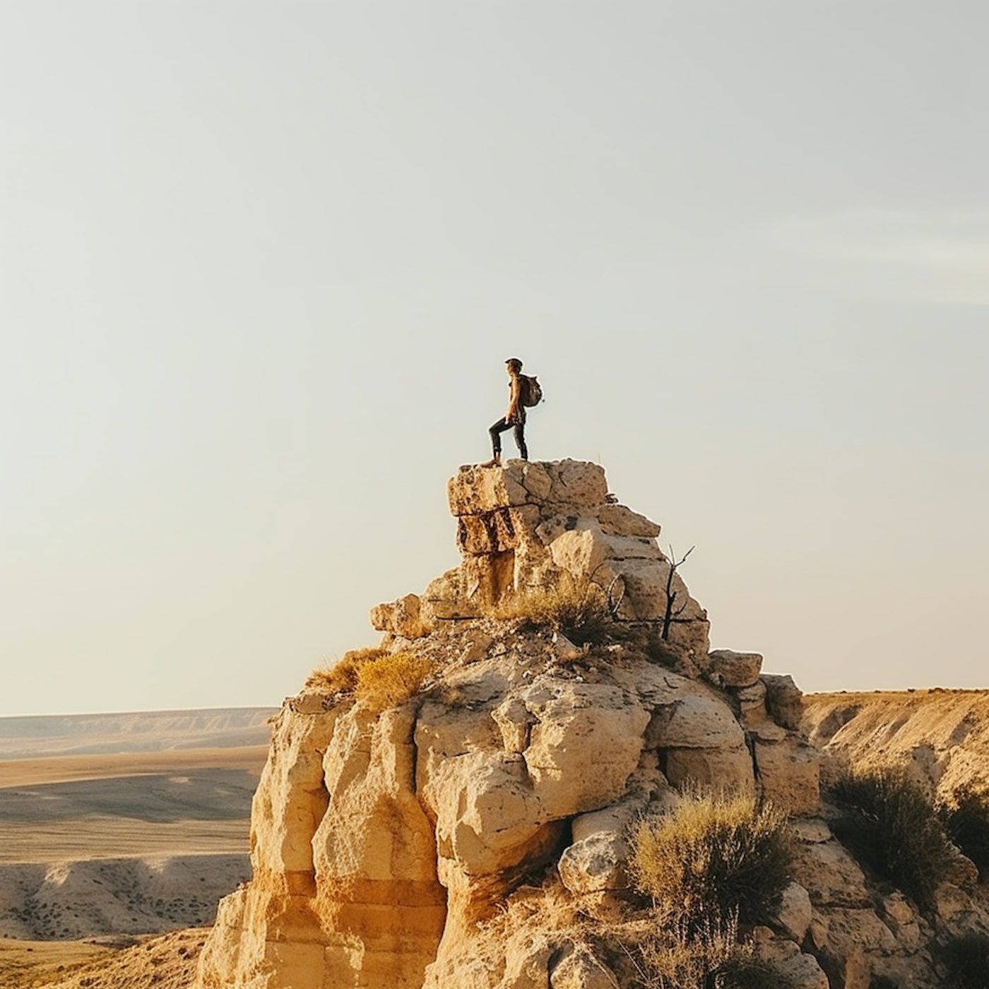 A hiker with a backpack standing on top of a sandstone rock formation at golden hour